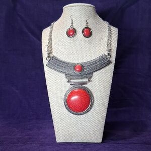 Energie Necklace Statement Jewelry Ethnic Tribal With Earrings Silvertone